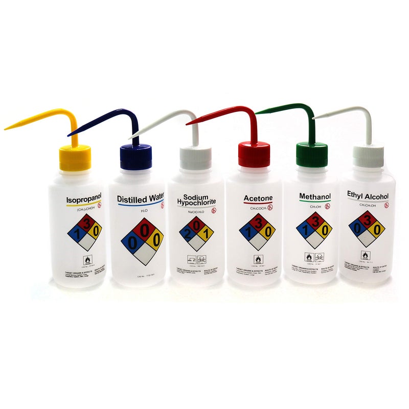 ULAB Scientific Right-to-Know Safety Wash Bottle Set, Acetone, Ethyl Alcohol, Methanol, Isopropanol, Distilled Water, Sodium Hypochloride, Vol.500ml with Draw Tube, UWB1001 - Image 1